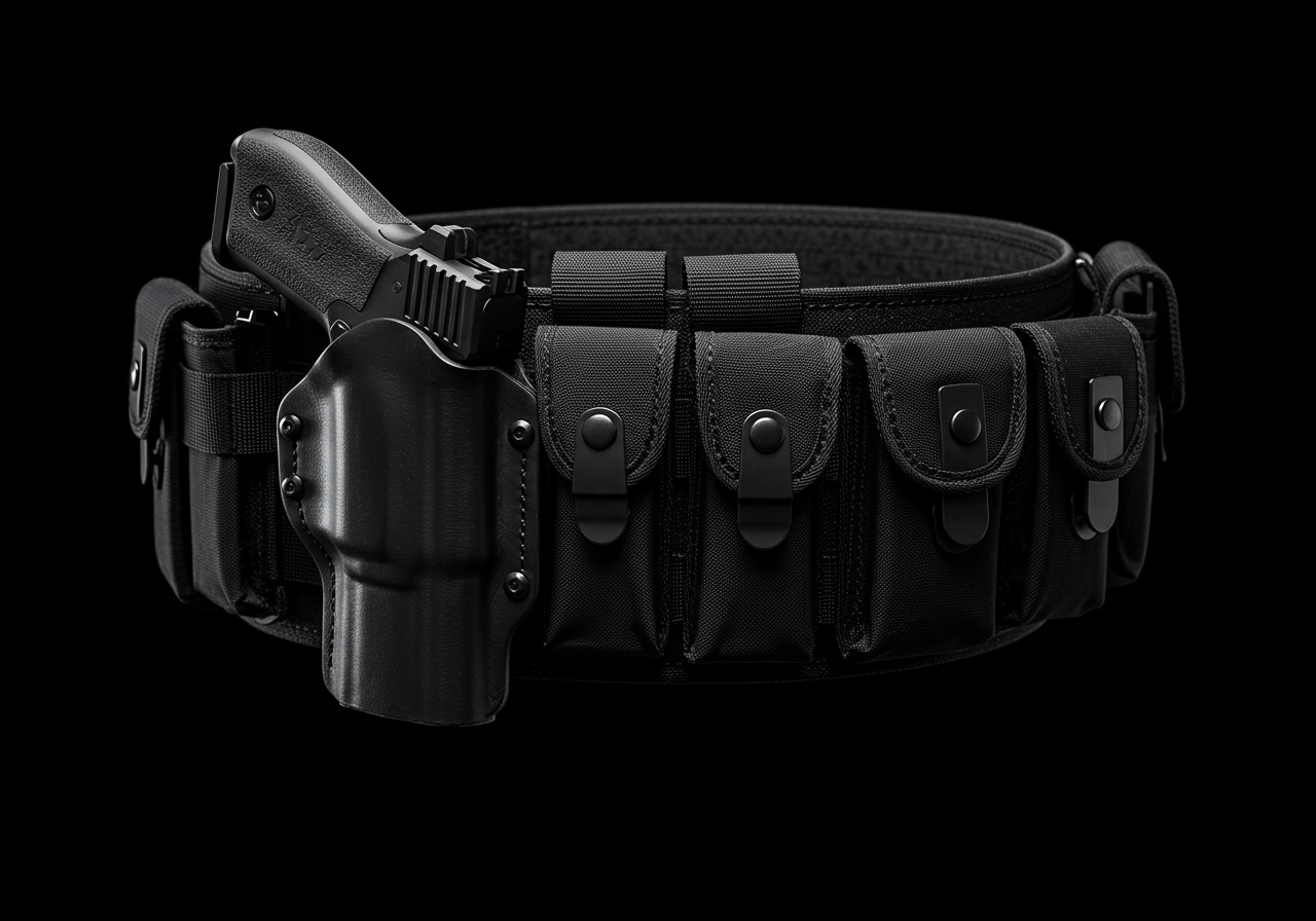 Duty belt with holster and various pouches for equipment storage, made of durable material