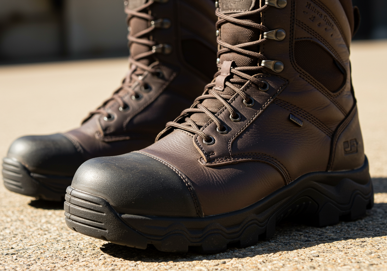 Tactical boots with reinforced toe and ankle support, designed for all-day comfort and durability