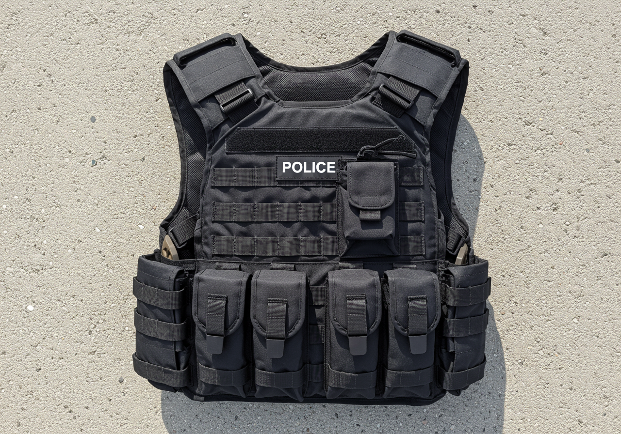 Tactical vest with multiple pockets and reinforced padding, designed for law enforcement professionals