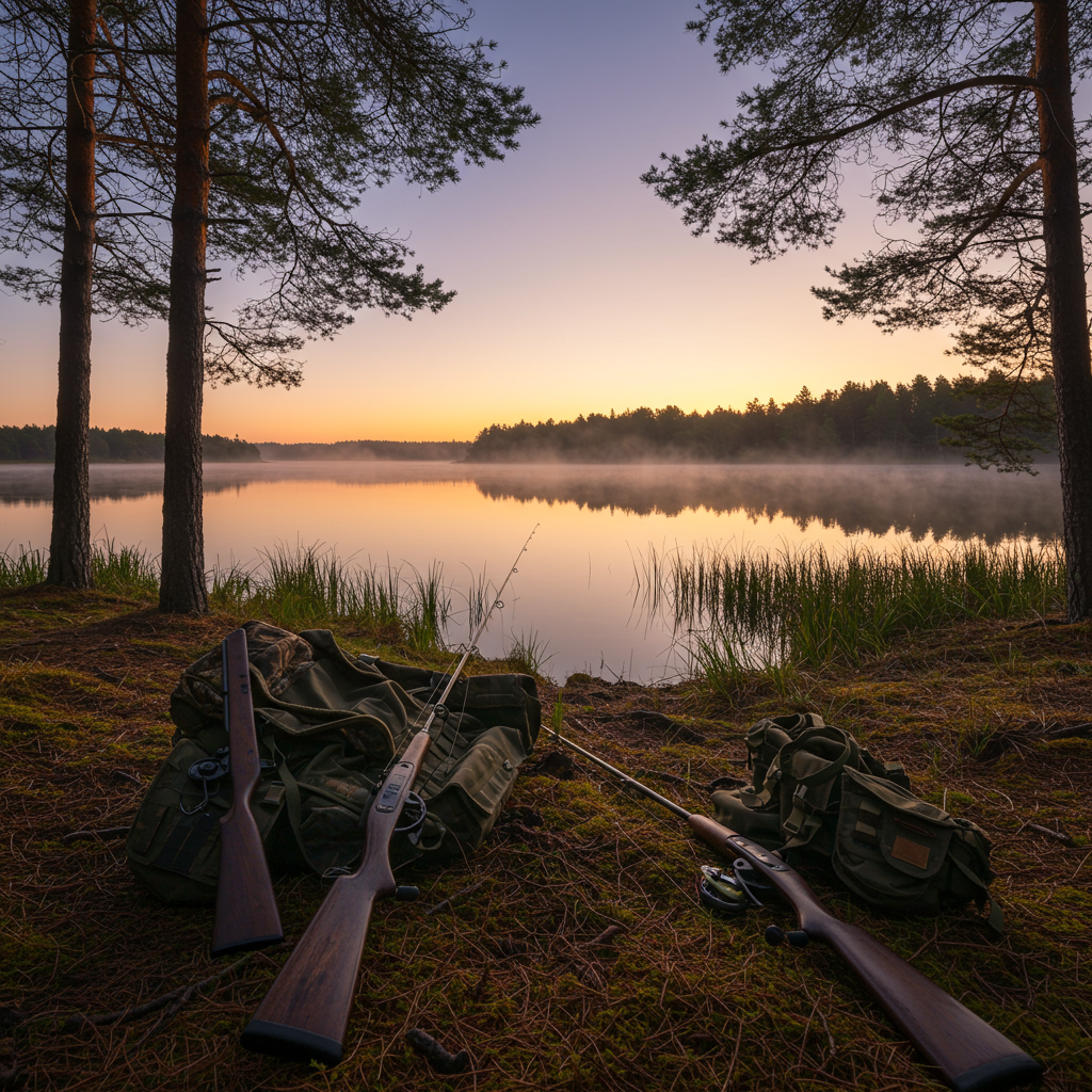 A scenic panoramic view of a lake surrounded by forest at sunrise, with hunting and fishing equipment displayed in the foreground